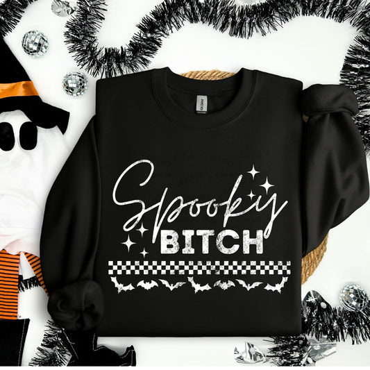 Spooky Bitch distressed checkers Black Crewneck Sweatshirt With White Ink